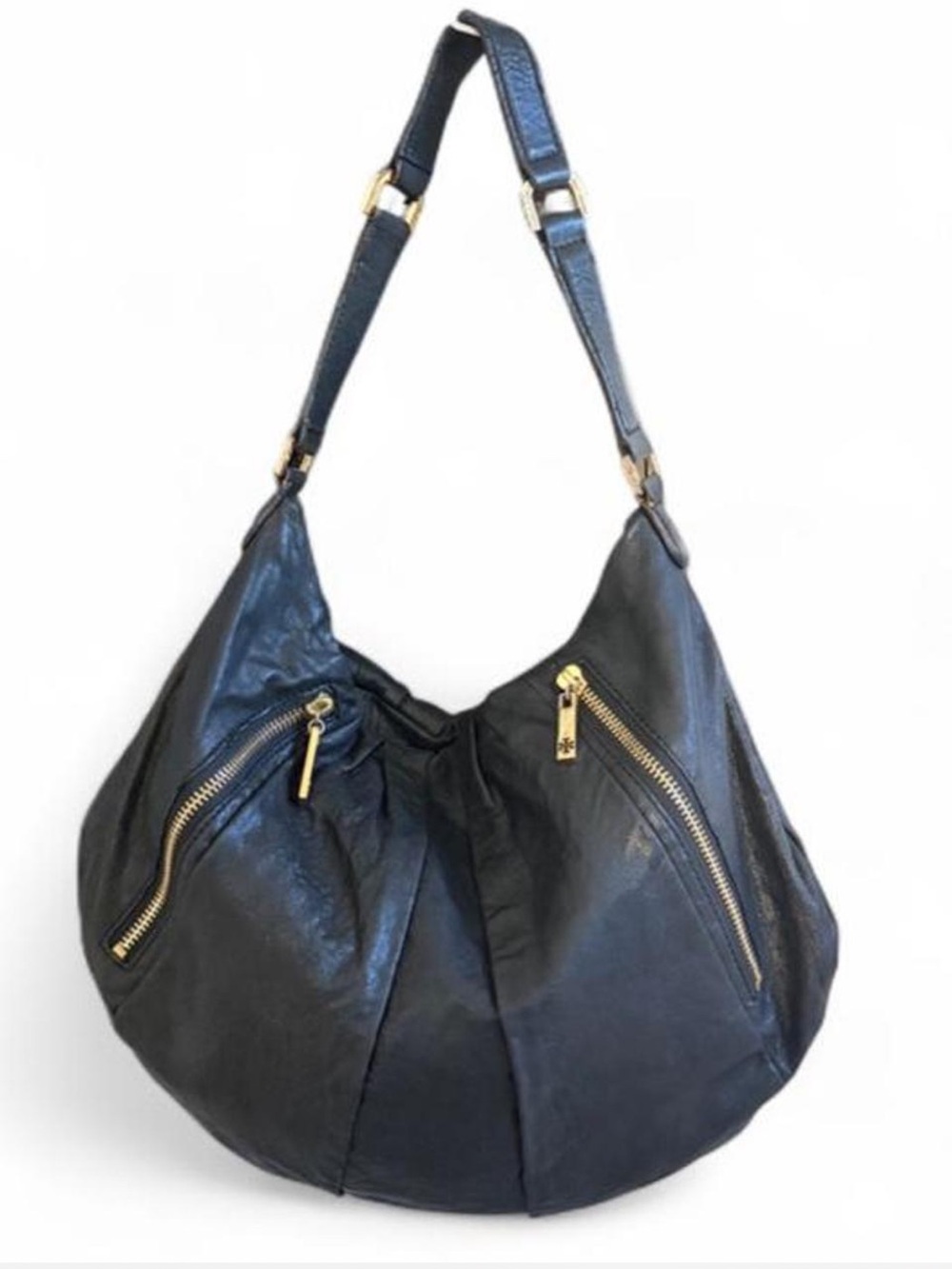 Tory Burch Black Leather Hobo Bag with Gold Hardware